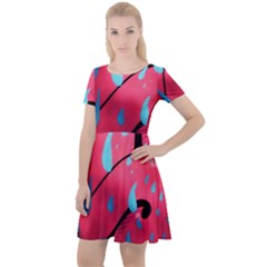 Graffiti Watermelon Pink With Light Blue Drops Retro Cap Sleeve Velour Dress 