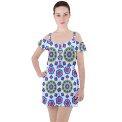 Mandala Geometric Design Pattern Ruffle Cut Out Chiffon Playsuit by Pakrebo