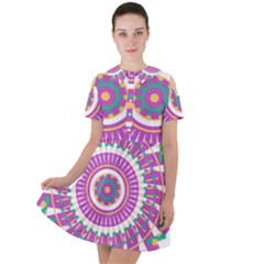 Mandala Geometric Pattern Shapes Short Sleeve Shoulder Cut Out Dress 