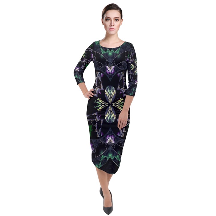 Fractal Fractal Art Texture Quarter Sleeve Midi Velour Bodycon Dress