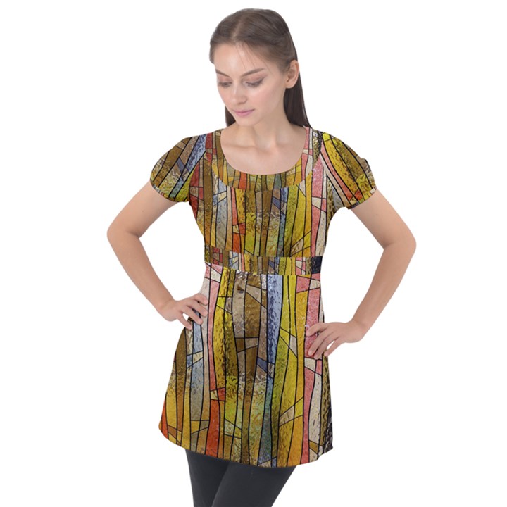 Stained Glass Window Colorful Puff Sleeve Tunic Top