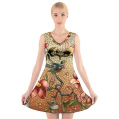 Flower Cubism Mosaic Vintage V-neck Sleeveless Dress by Pakrebo