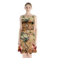 Flower Cubism Mosaic Vintage Sleeveless Waist Tie Chiffon Dress by Pakrebo