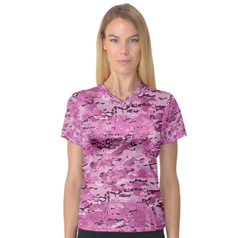 Pink Camouflage Army Military Girl V-neck Sport Mesh Tee by snek