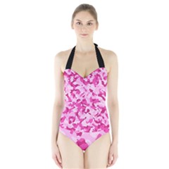 Standard Pink Camouflage Army Military Girl Funny Pattern Halter Swimsuit by snek