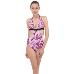 Standard Violet Pink Camouflage Army Military Girl Halter Front Plunge Swimsuit by snek