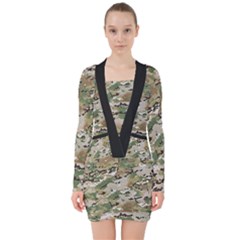 Wood Camouflage Military Army Green Khaki Pattern V-neck Bodycon Long Sleeve Dress by snek