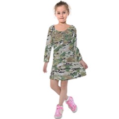 Wood Camouflage Military Army Green Khaki Pattern Kids  Long Sleeve Velvet Dress by snek