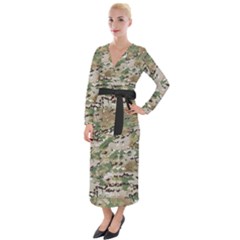 Wood Camouflage Military Army Green Khaki Pattern Velvet Maxi Wrap Dress