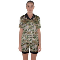 Wood Camouflage Military Army Green Khaki Pattern Satin Short Sleeve Pyjamas Set by snek