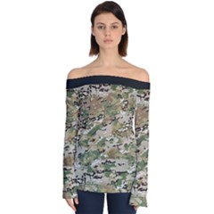 Wood Camouflage Military Army Green Khaki Pattern Off Shoulder Long Sleeve Top by snek