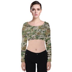 Wood Camouflage Military Army Green Khaki Pattern Velvet Long Sleeve Crop Top by snek