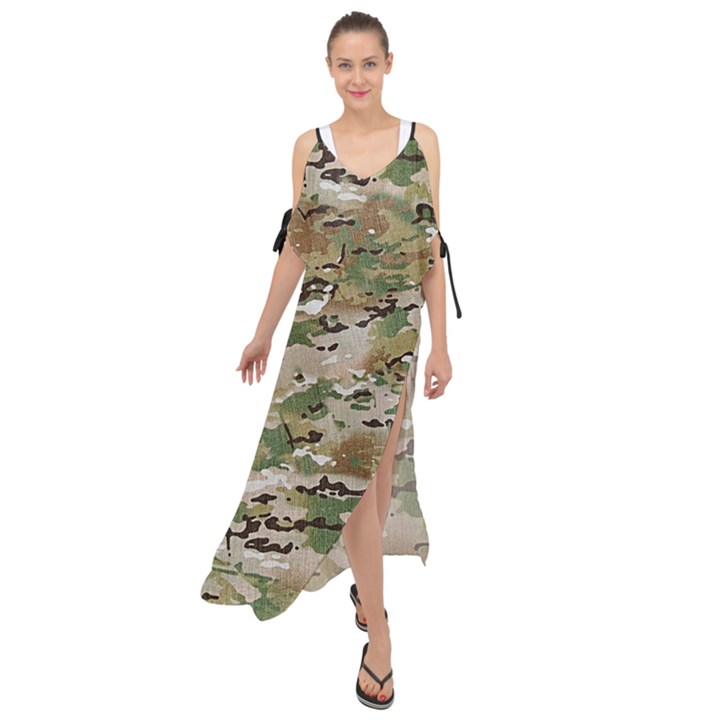 Wood camouflage military army green khaki pattern Maxi Chiffon Cover Up Dress