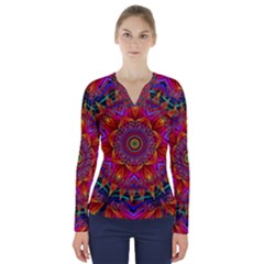 Kaleidoscope Pattern Ornament V-neck Long Sleeve Top by Pakrebo