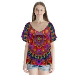 Kaleidoscope Pattern Ornament V-neck Flutter Sleeve Top by Pakrebo