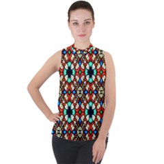 Stained Glass Pattern Texture Face Mock Neck Chiffon Sleeveless Top