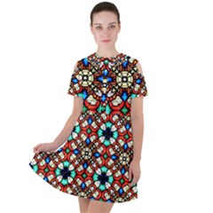 Stained Glass Pattern Texture Face Short Sleeve Shoulder Cut Out Dress 