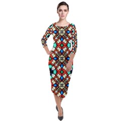 Stained Glass Pattern Texture Face Quarter Sleeve Midi Velour Bodycon Dress