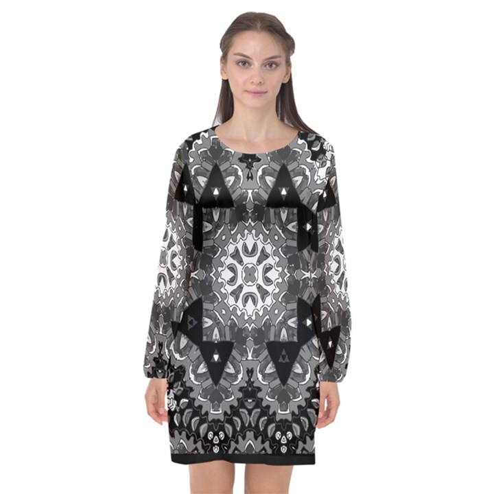 Mandala Calming Coloring Page Long Sleeve Chiffon Shift Dress 