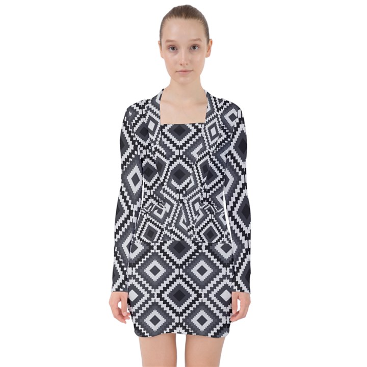 Native American Pattern V-neck Bodycon Long Sleeve Dress