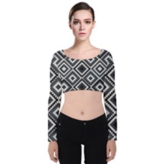 Native American Pattern Velvet Long Sleeve Crop Top by Valentinaart