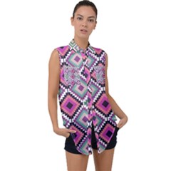 Native American Pattern Sleeveless Chiffon Button Shirt