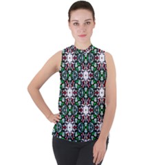 Stained Glass Pattern Church Window Mock Neck Chiffon Sleeveless Top