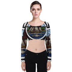 Window Image Stained Glass Velvet Long Sleeve Crop Top by Pakrebo