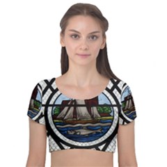 Window Image Stained Glass Velvet Short Sleeve Crop Top  by Pakrebo