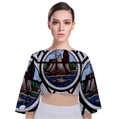 Window Image Stained Glass Tie Back Butterfly Sleeve Chiffon Top by Pakrebo