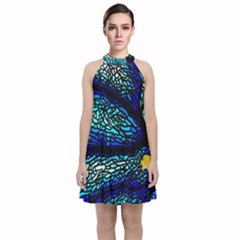 Sea Fans Diving Coral Stained Glass Velvet Halter Neckline Dress 