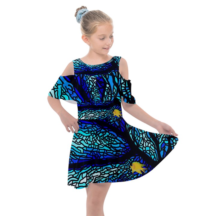 Sea Fans Diving Coral Stained Glass Kids  Shoulder Cutout Chiffon Dress