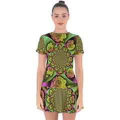 Rose Painted Kaleidoscope Colorful Drop Hem Mini Chiffon Dress