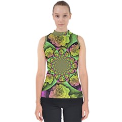 Rose Painted Kaleidoscope Colorful Mock Neck Shell Top by Pakrebo