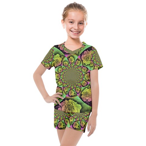 Rose Painted Kaleidoscope Colorful Kids  Mesh Tee And Shorts Set by Pakrebo