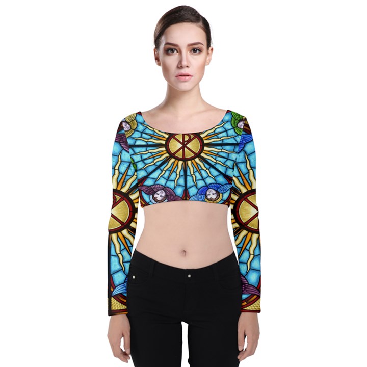 Church Window Stained Glass Church Velvet Long Sleeve Crop Top