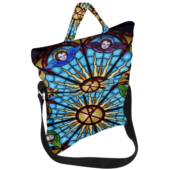 Church Window Stained Glass Church Fold Over Handle Tote Bag