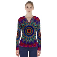 Kaleidoscope Mandala Pattern V-neck Long Sleeve Top