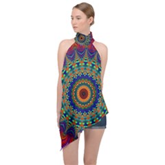 Kaleidoscope Mandala Pattern Halter Asymmetric Satin Top