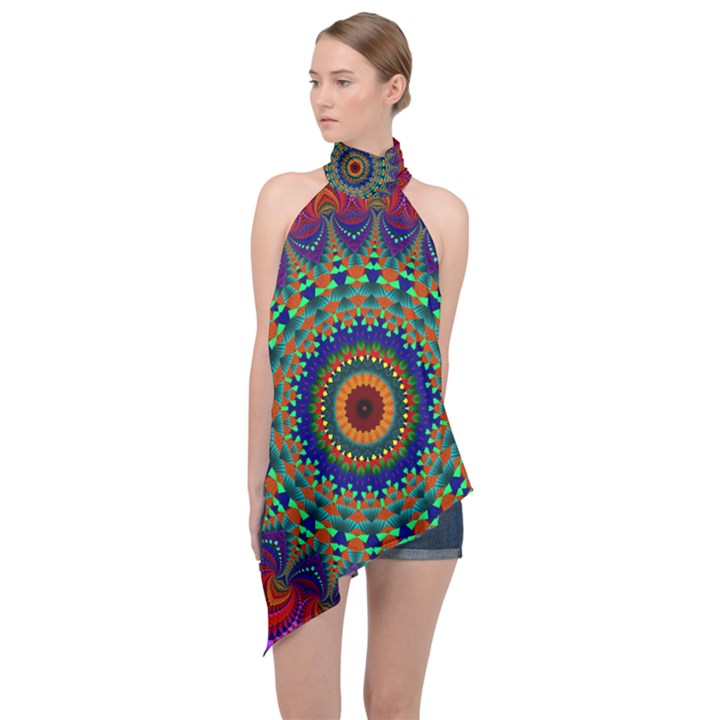 Kaleidoscope Mandala Pattern Halter Asymmetric Satin Top