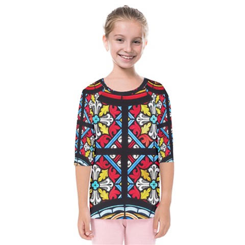 Stained Glass Window Colorful Color Kids  Quarter Sleeve Raglan Tee by Pakrebo