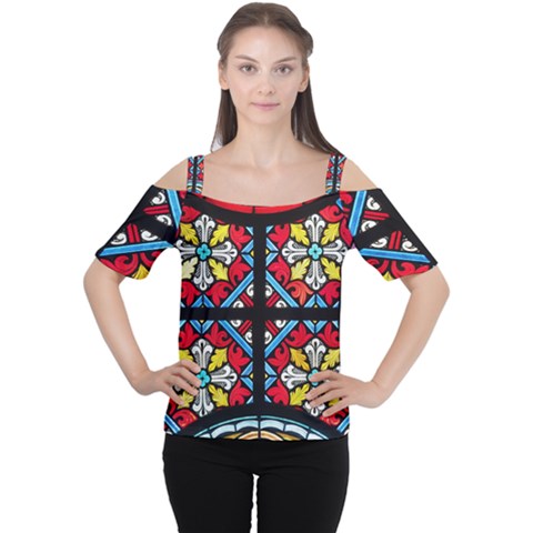 Stained Glass Window Colorful Color Cutout Shoulder Tee by Pakrebo