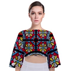 Stained Glass Window Colorful Color Tie Back Butterfly Sleeve Chiffon Top by Pakrebo