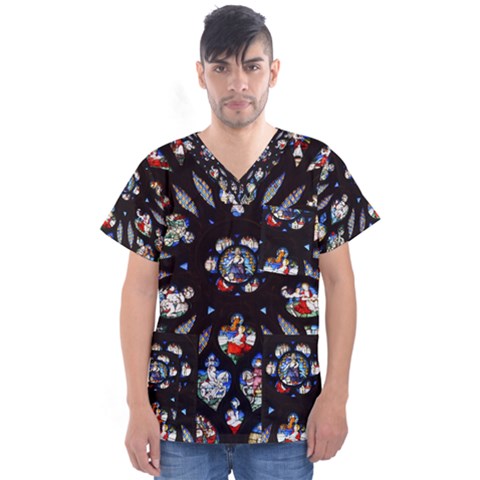 Stained Glass Sainte Chapelle Gothic Men s V-neck Scrub Top by Pakrebo