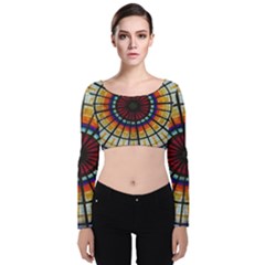 Background Stained Glass Window Velvet Long Sleeve Crop Top by Pakrebo