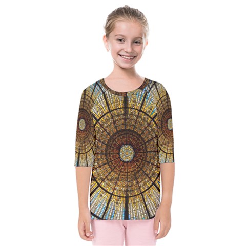 Barcelona Glass Window Stained Glass Kids  Quarter Sleeve Raglan Tee by Pakrebo