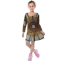 Barcelona Glass Window Stained Glass Kids  Long Sleeve Velvet Dress