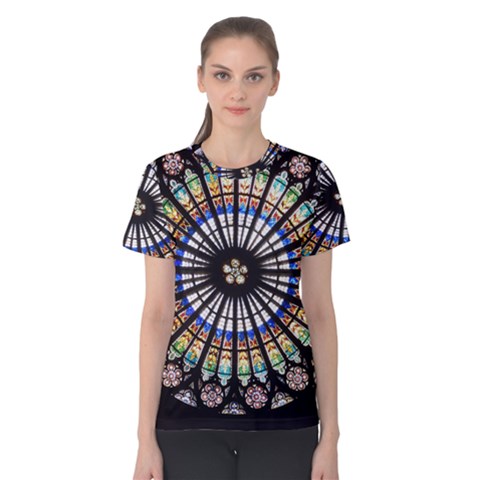 Stained Glass Cathedral Rosette Women s Cotton Tee by Pakrebo