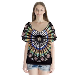 Stained Glass Cathedral Rosette V-neck Flutter Sleeve Top by Pakrebo