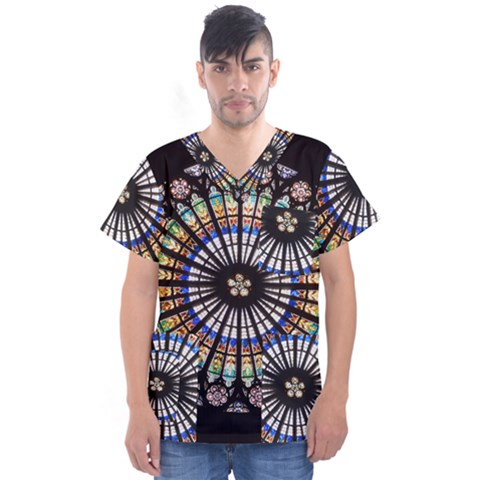 Stained Glass Cathedral Rosette Men s V-neck Scrub Top by Pakrebo